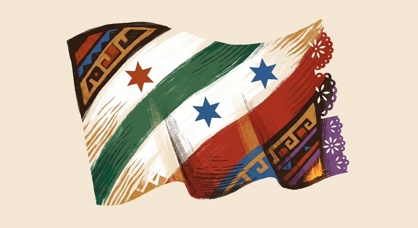 Bandera trigarante con franjas diagonales y estrellas de seis puntas.