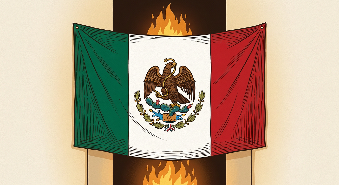Bandera republicana de 1823 con águila sin corona y ramas de encino y laurel.