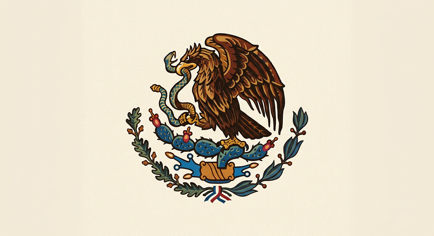 Escudo nacional actual con águila, serpiente, nopal y ramas.