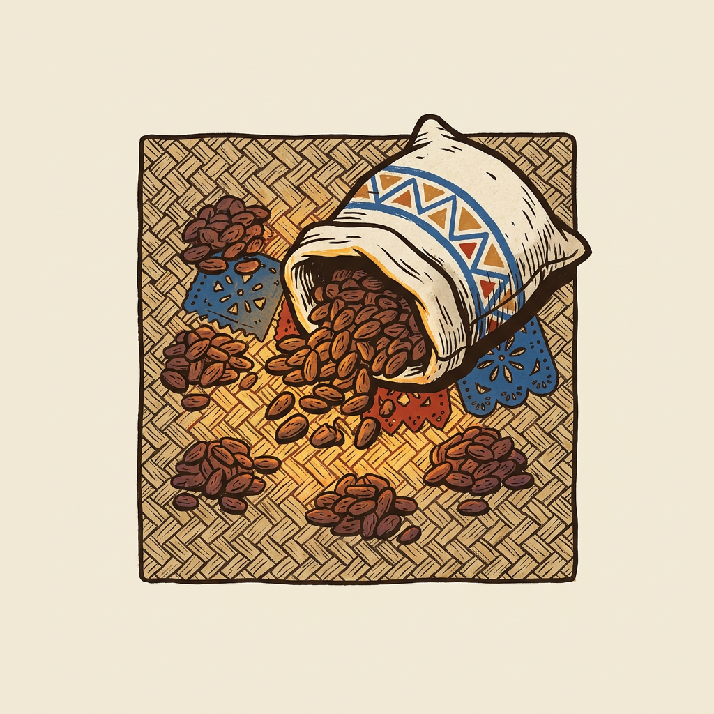 Cacao beans arranged in small piles on a petate, beside an open sack.
