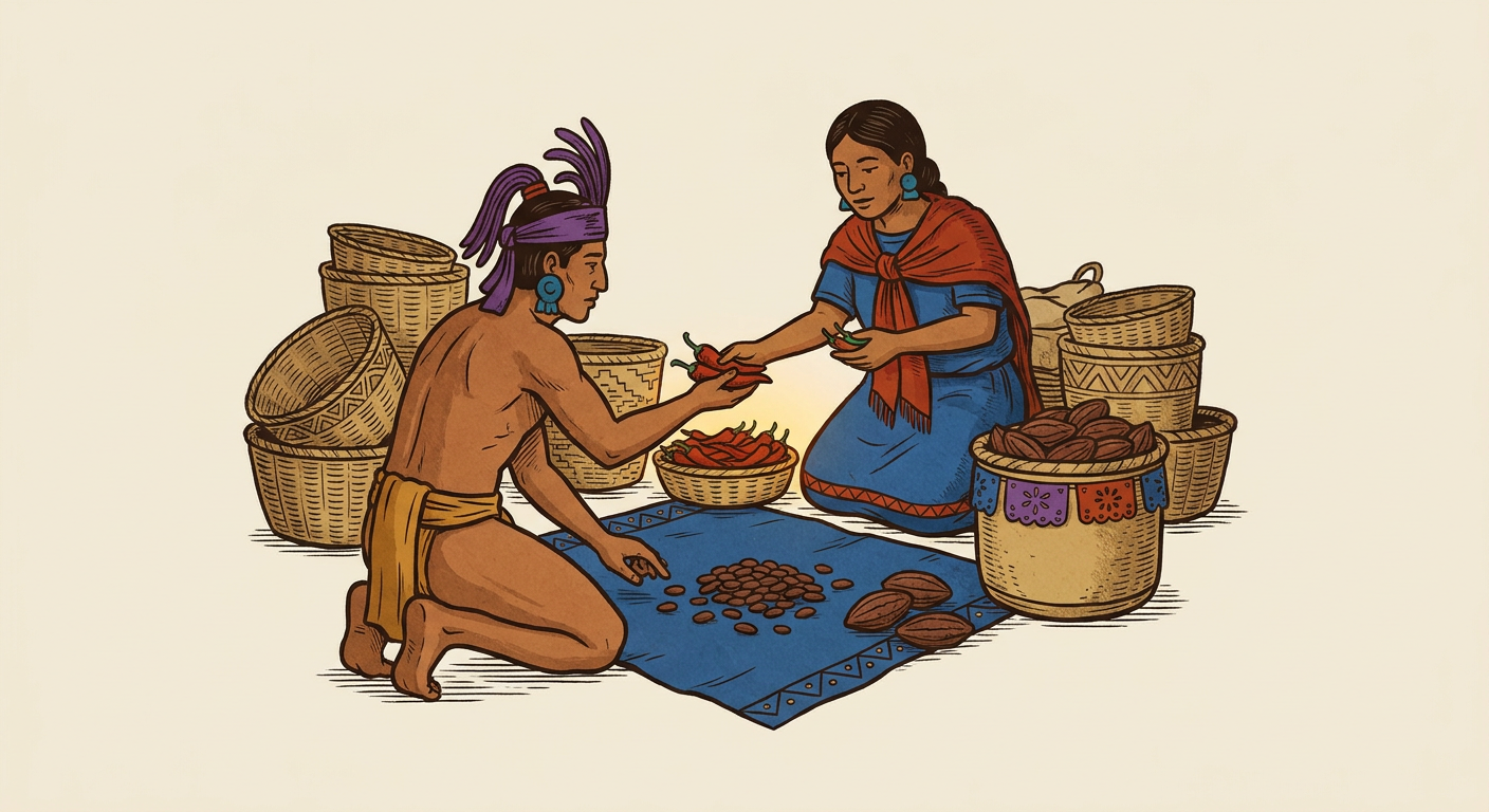 An exchange in a Mesoamerican market: one person counts cacao in front of a chile vendor.