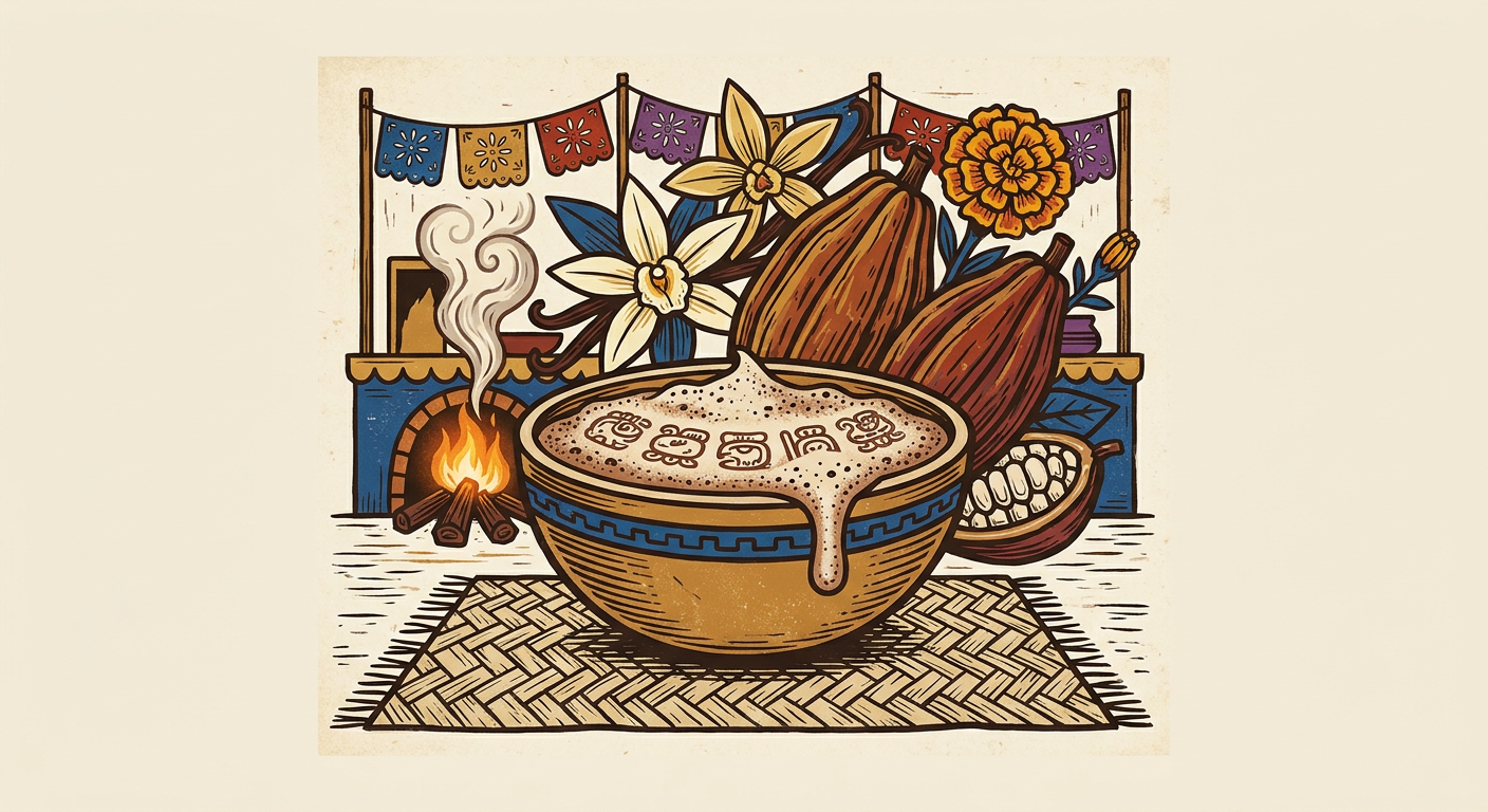 Gourd cup with a frothy cacao drink, accompanied by ears of corn and flowers in a ceremonial setting.