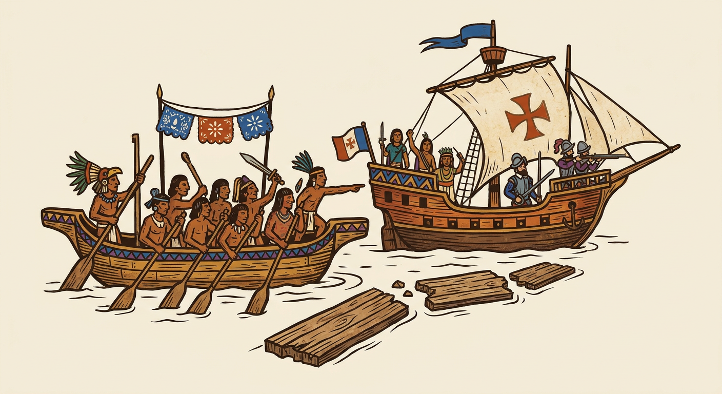 Canoa con combatientes indígenas y bergantín durante el sitio de México-Tenochtitlan en 1521.