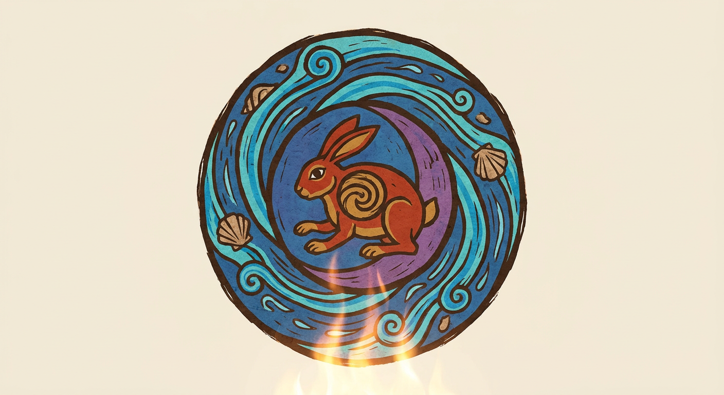 Glifo de México inspirado en códices nahuas, acompañado por motivos de agua y luna.