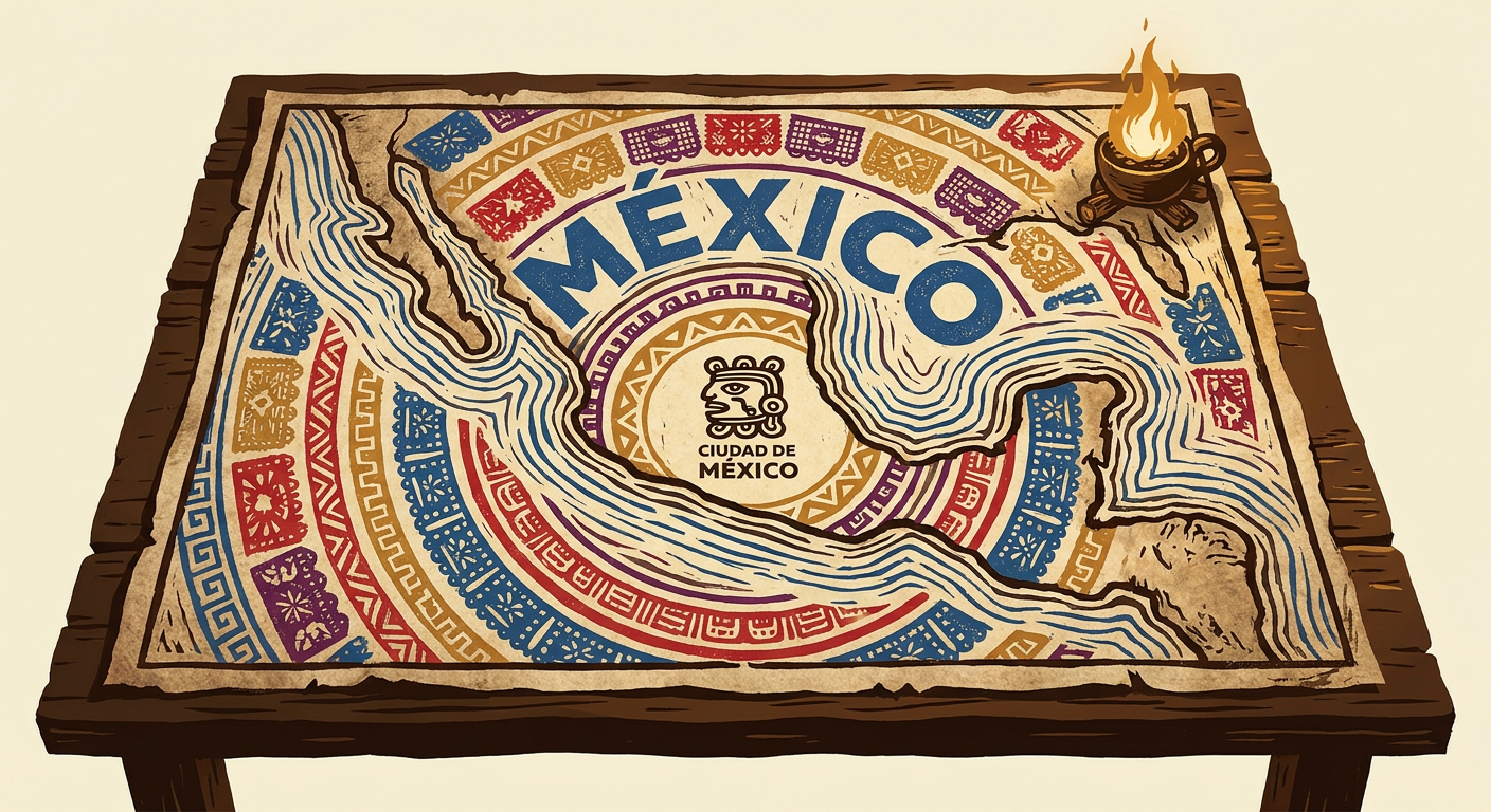 Mapa de la Nueva España con la Ciudad de México al centro y la expansión gráfica de su nombre hacia el territorio.