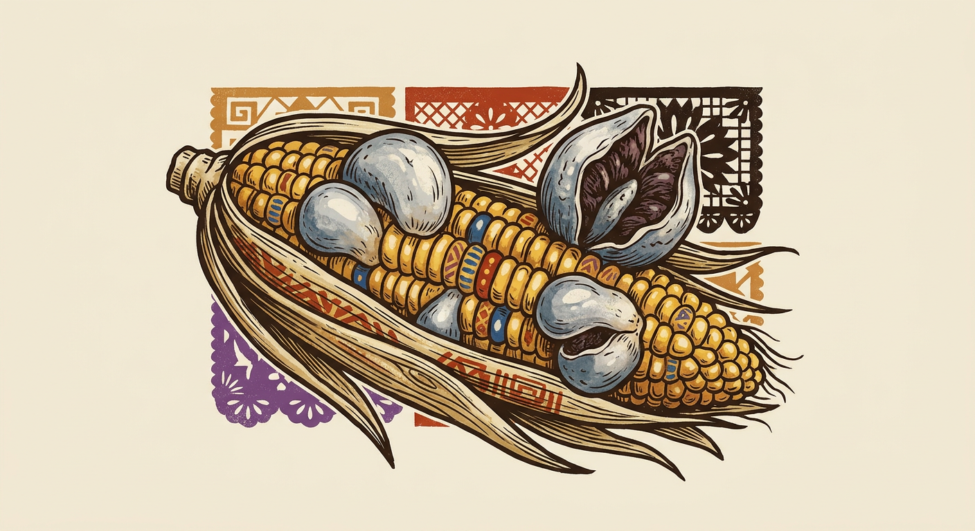 Mazorca de maíz con agallas jóvenes de huitlacoche gris azulado, algunas abiertas para mostrar su interior oscuro.