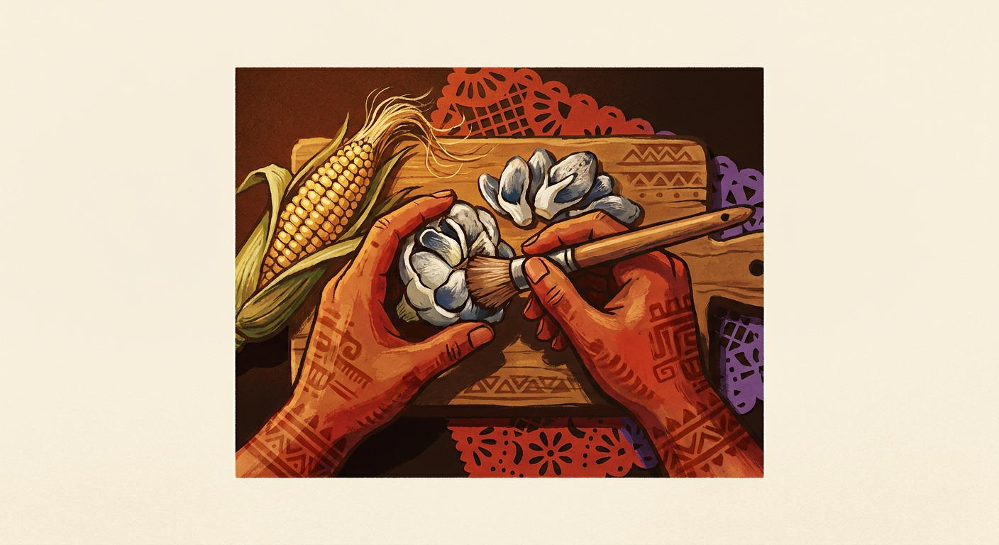 Manos que limpian cuidadosamente huitlacoche fresco con una brocha sobre una mesa de cocina.