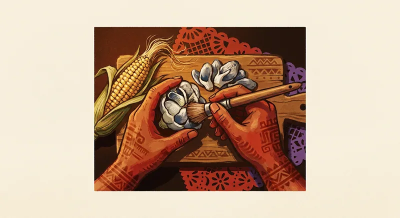 Hands carefully cleaning fresh huitlacoche with a brush on a kitchen table.