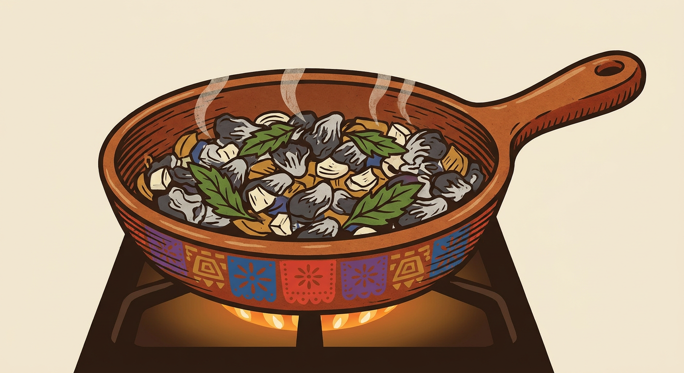 Sartén de barro con huitlacoche, cebolla y hojas de epazote cocinándose sobre fuego medio.