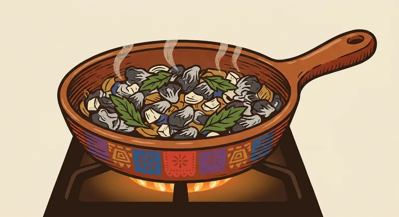 Clay skillet with huitlacoche, onion, and epazote leaves cooking over medium heat.
