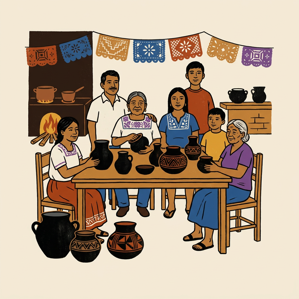 Una familia alfarera contempla varias piezas de barro negro recién salidas del horno en el patio de su taller.