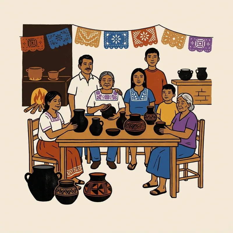 A family of potters looks over several pieces of barro negro fresh from the kiln in the courtyard of their workshop.