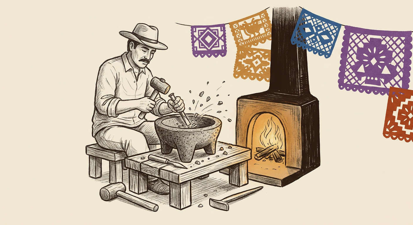 Cantero labrando con cincel y marro una piedra volcánica para formar un molcajete.