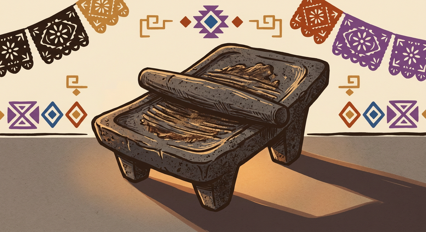 Metate de piedra volcánica con su mano, colocado en una cocina y marcado por años de uso.