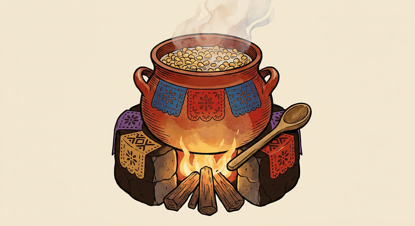 Olla de barro con granos de maíz cociéndose sobre un fogón.