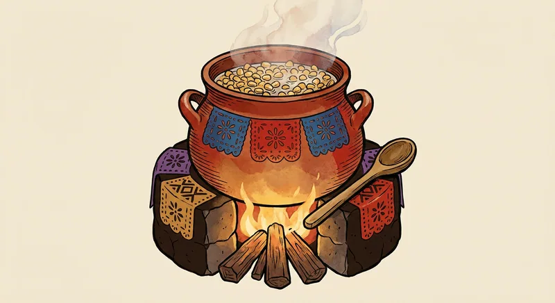Clay pot with corn kernels cooking over a hearth.