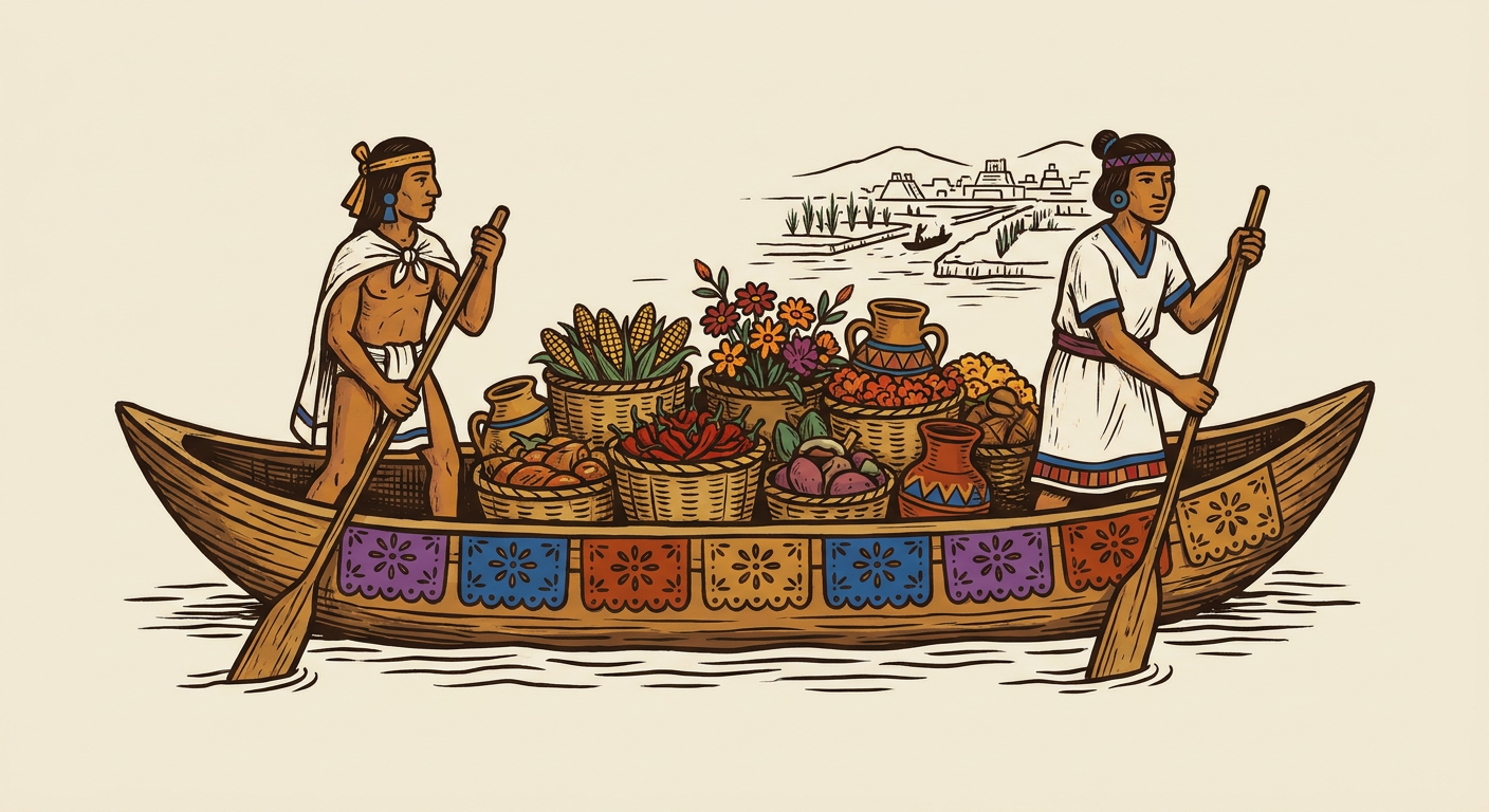 Canoa cargada con alimentos y cerámica navega desde las chinampas hacia el mercado de Tlatelolco.