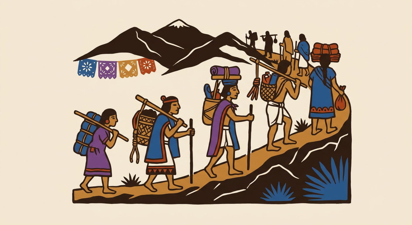 Grupo de pochtecas y cargadores transporta fardos por una ruta comercial de larga distancia.