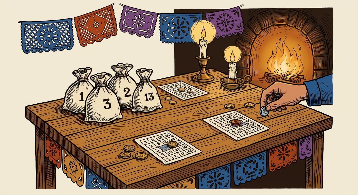 Mesa novohispana con un juego de sorteo: bolsas de fichas numeradas, tableros de papel y monedas bajo la luz de una vela.