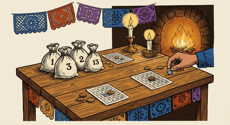 Mesa novohispana con un juego de sorteo: bolsas de fichas numeradas, tableros de papel y monedas bajo la luz de una vela.