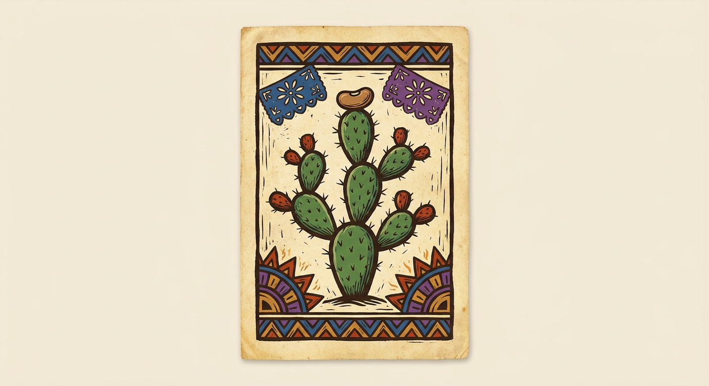 Carta antigua de lotería con un nopal verde sobre fondo claro, bordes gastados y un frijol colocado como marcador.