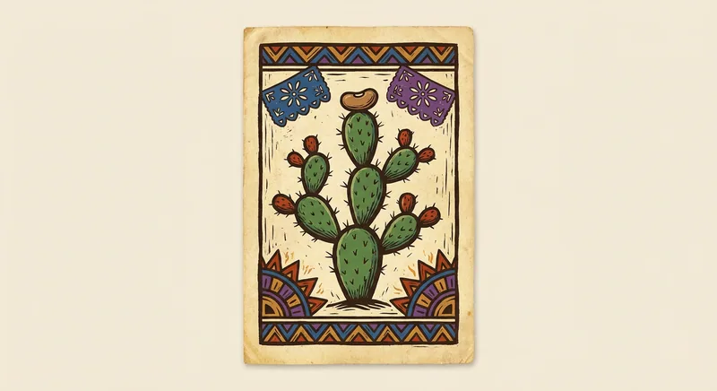 Carta antigua de lotería con un nopal verde sobre fondo claro, bordes gastados y un frijol colocado como marcador.