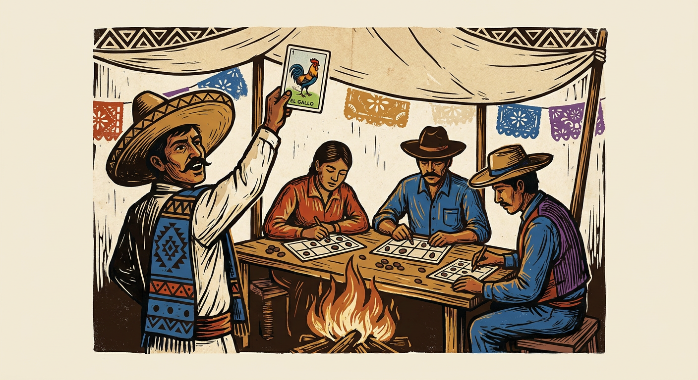 Un gritón de feria levanta la carta del gallo ante una mesa de jugadores que marcan sus tablas con frijoles.