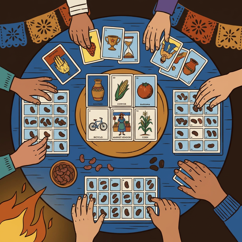 Mesa contemporánea donde conviven cartas tradicionales y nuevas cartas comunitarias, marcadas con maíz y frijol.