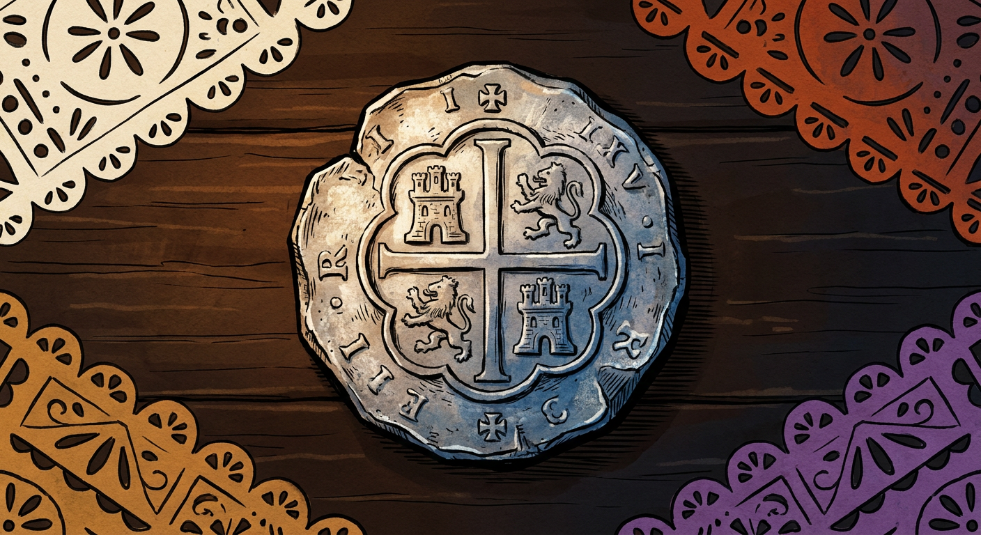 Moneda macuquina de ocho reales, de forma irregular, con marcas parciales y superficie de plata martillada.
