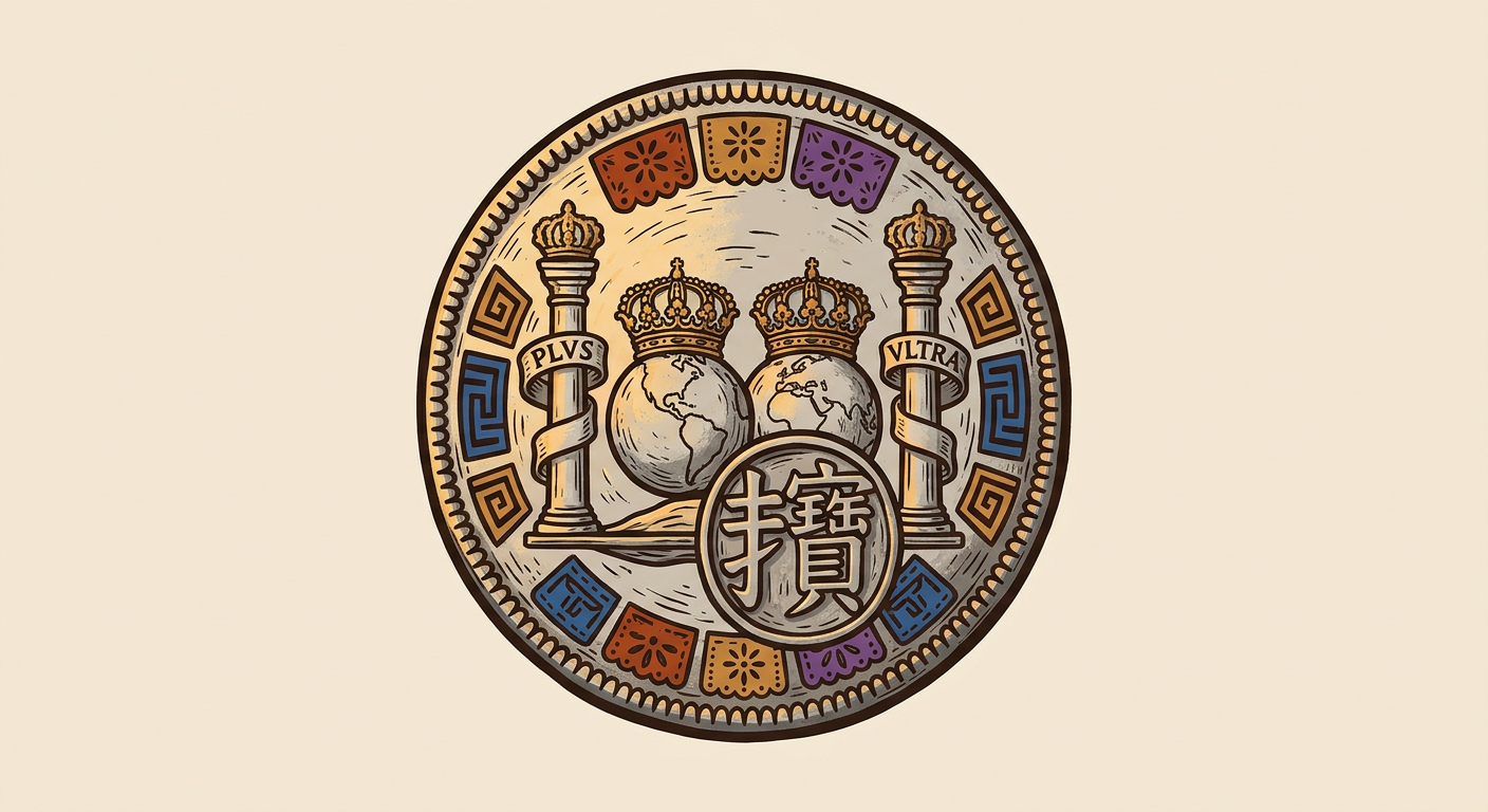 Moneda columnaria mexicana de ocho reales con hemisferios, columnas y un resello asiático.