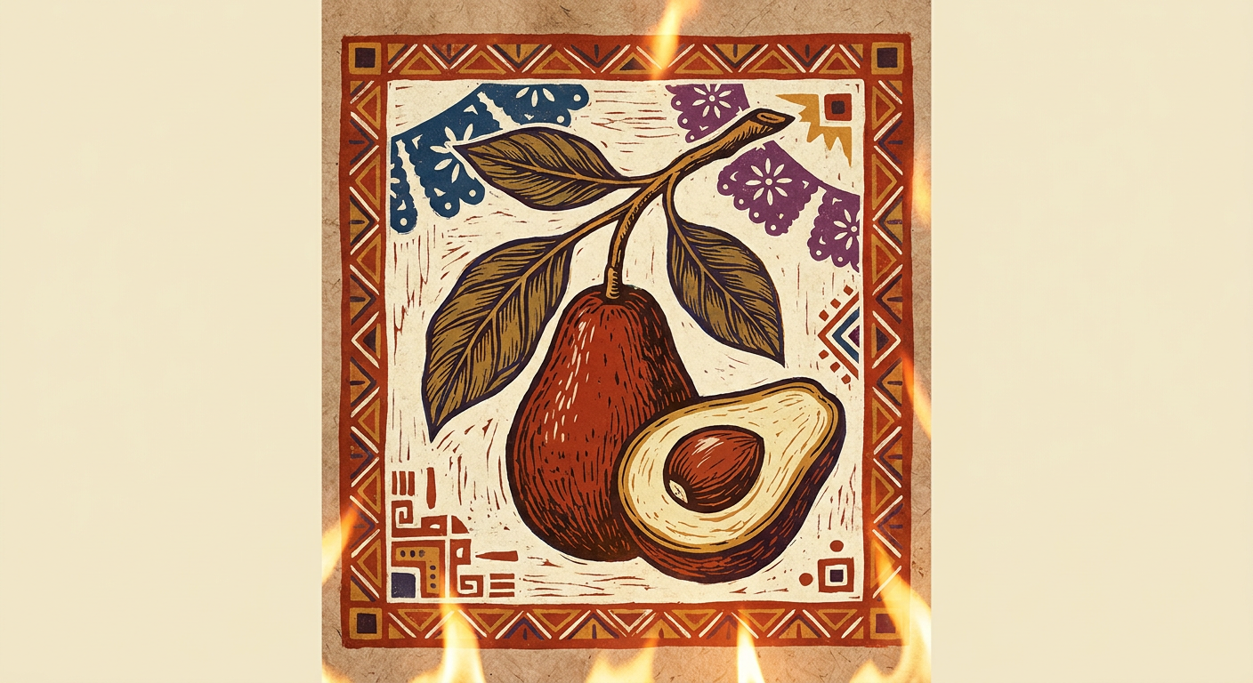 Rama de aguacate con un fruto abierto, hojas y semilla, representada como lámina botánica.