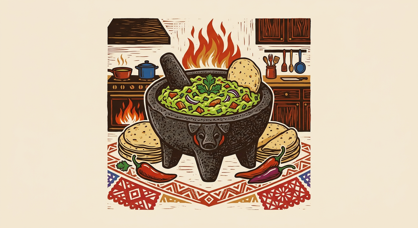 Molcajete de piedra con guacamole recién preparado, acompañado por chile, cebolla y tortillas.