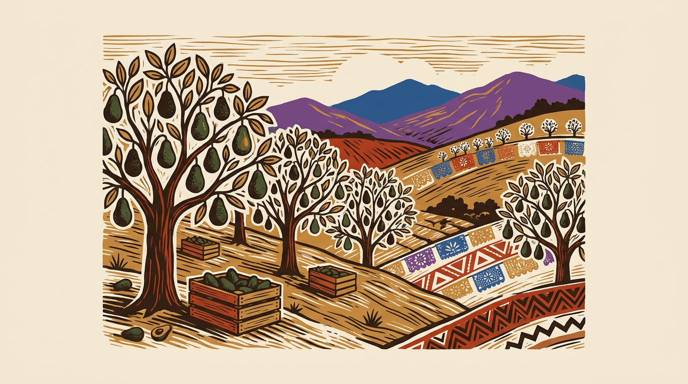 Huerta de aguacates en una ladera de Michoacán con cajas de cosecha entre los árboles.
