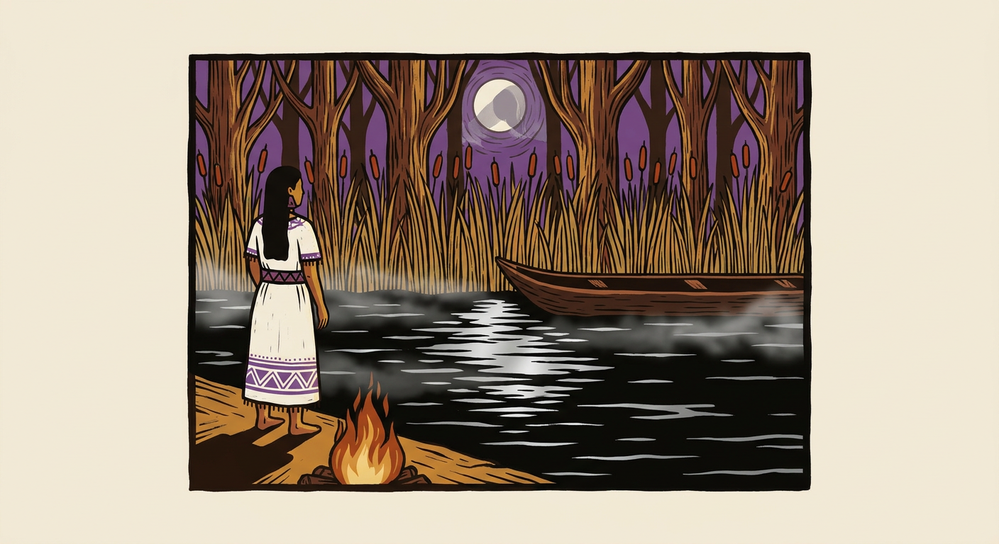 Mujer de blanco junto a un canal oscuro, con ahuejotes y una canoa inmóvil bajo la luna.
