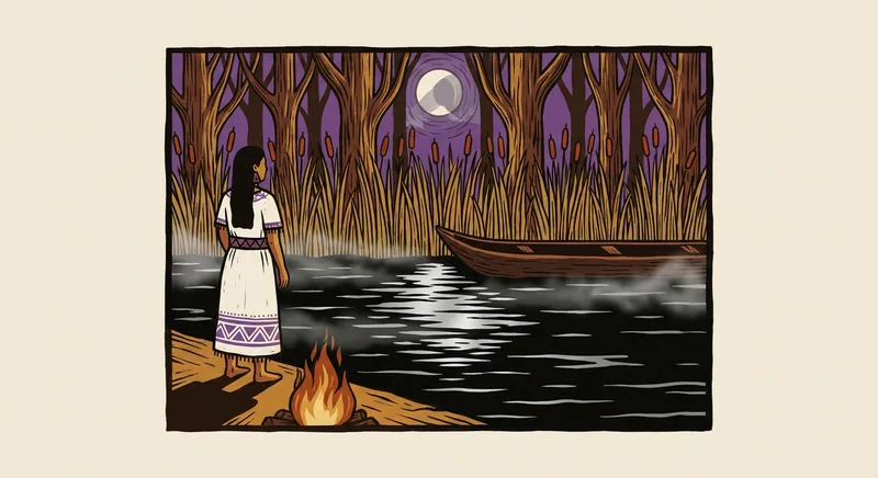 A woman in white beside a dark canal, with ahuejotes and a motionless canoe beneath the moon.