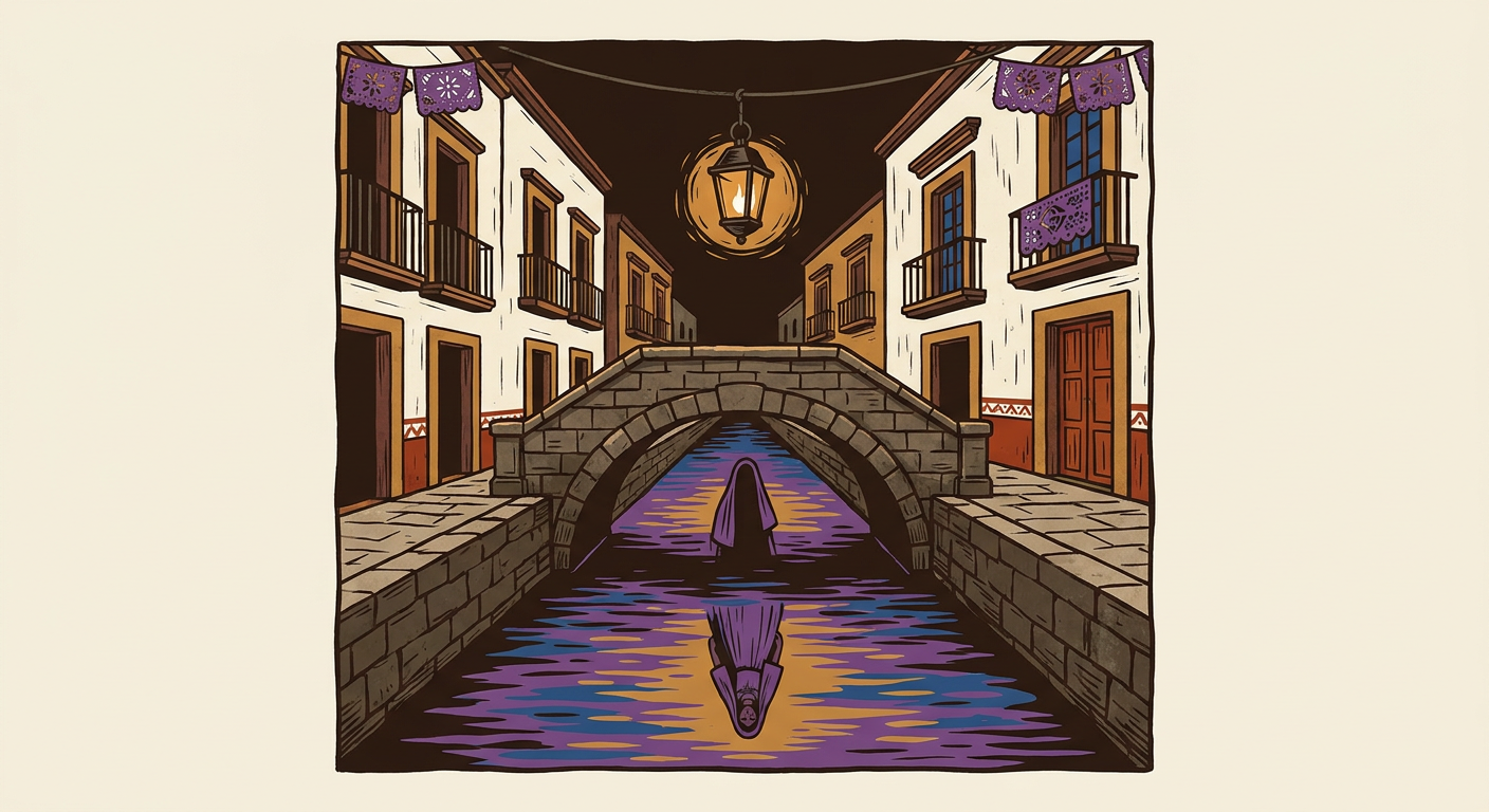 Acequia novohispana de noche, con un puente de piedra, faroles y una figura velada reflejada en el agua.