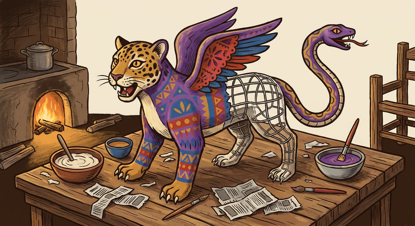 Alebrije de cartonería a medio terminar, con el armazón de alambre visible junto a papel, engrudo y pinceles.