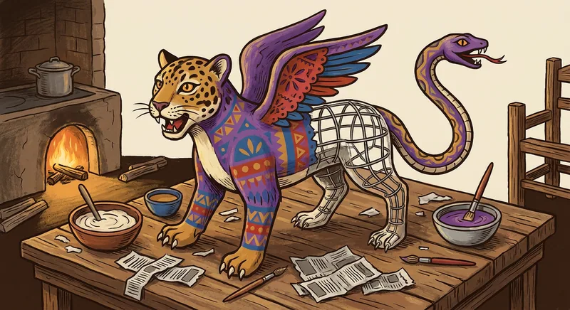 A half-finished cartonería alebrije, with its wire frame visible alongside paper, paste and paintbrushes.