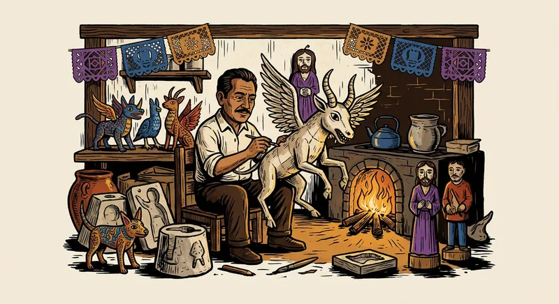 Pedro Linares works in a cartonería workshop in front of a fantastical paper creature.