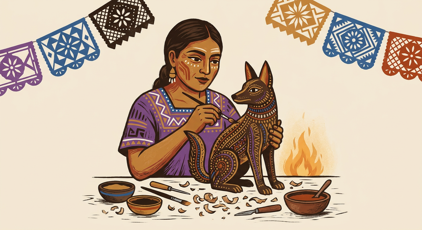 Artesana oaxaqueña pinta con pincel fino una figura de coyote tallada en madera de copal.