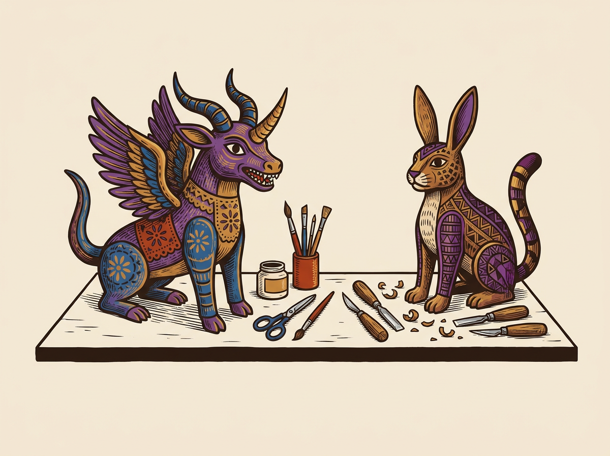 Un alebrije de cartonería y una talla oaxaqueña de copal aparecen juntos, acompañados por las herramientas propias de cada oficio.