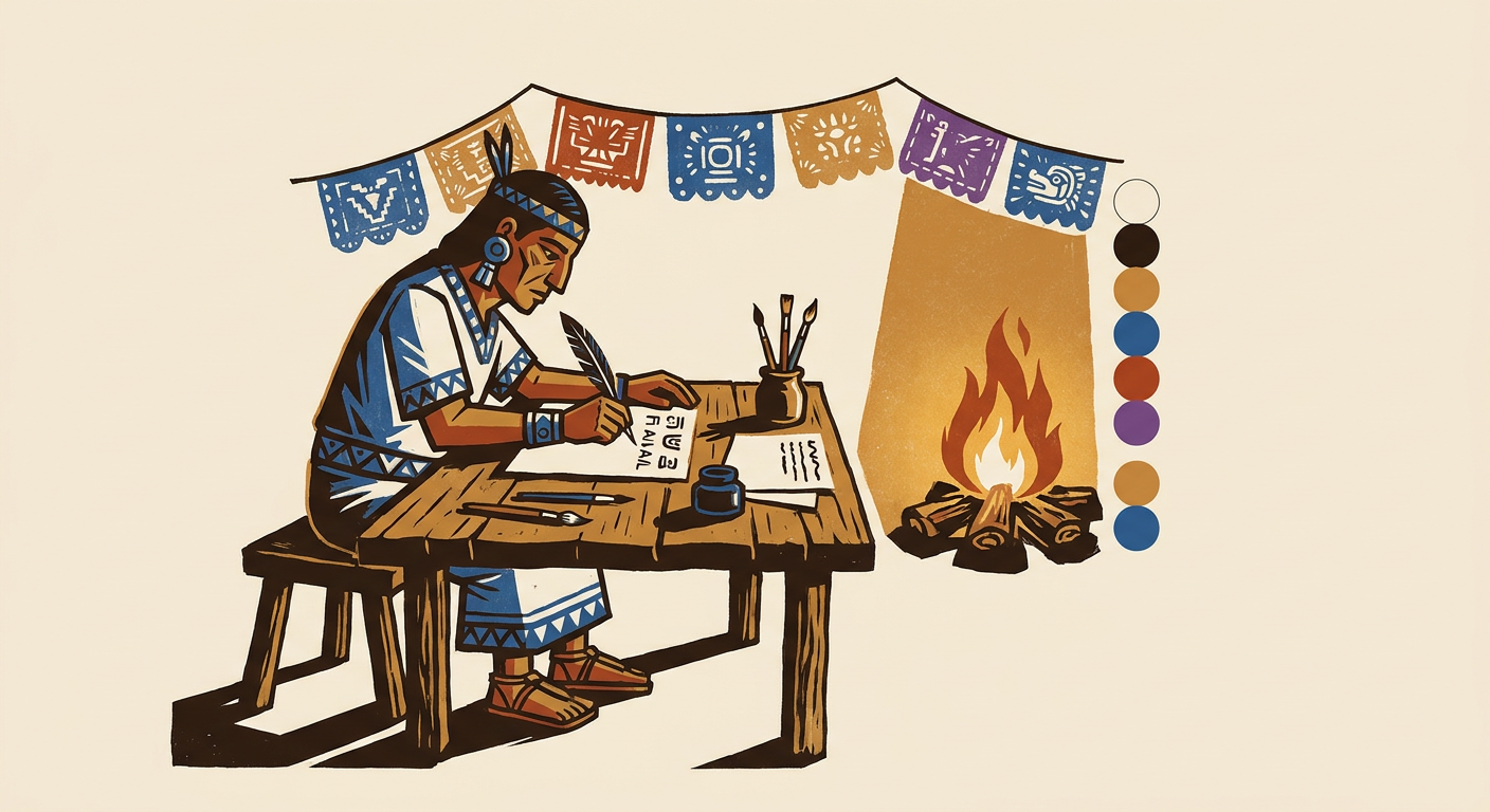 Escribano indígena redacta un manuscrito en náhuatl con caracteres latinos.
