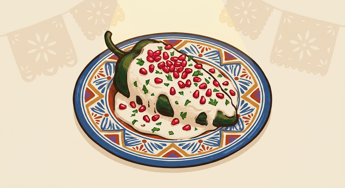 Chile poblano cubierto con nogada, granada y perejil sobre un plato de talavera.