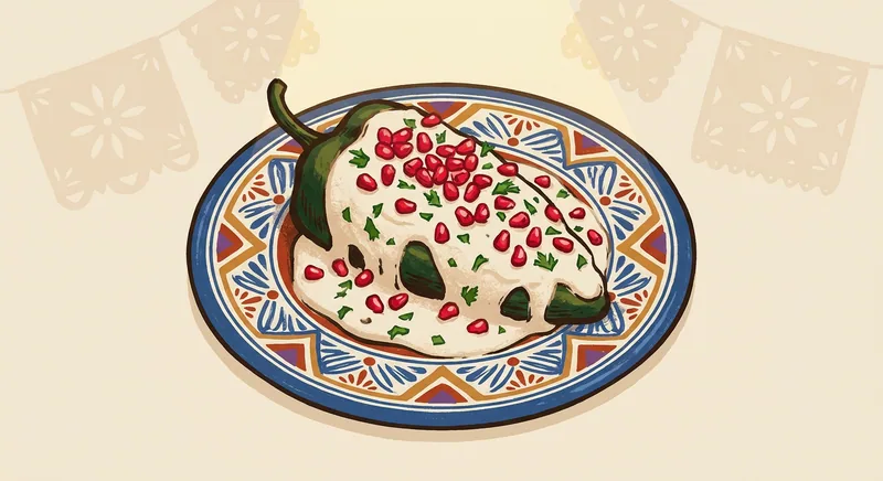 Chile poblano cubierto con nogada, granada y perejil sobre un plato de talavera.