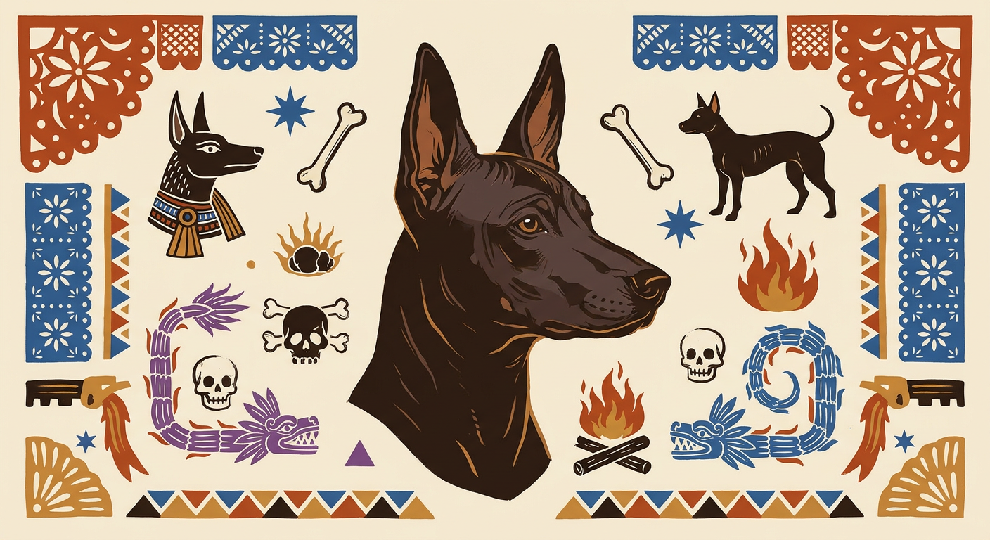 Un xoloitzcuintle de perfil junto a signos nahuas que forman su nombre.