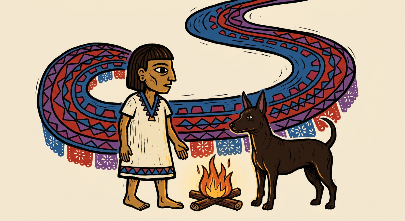 Un perro acompaña a una persona muerta frente a un río del inframundo mesoamericano.