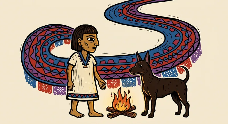 Un perro acompaña a una persona muerta frente a un río del inframundo mesoamericano.