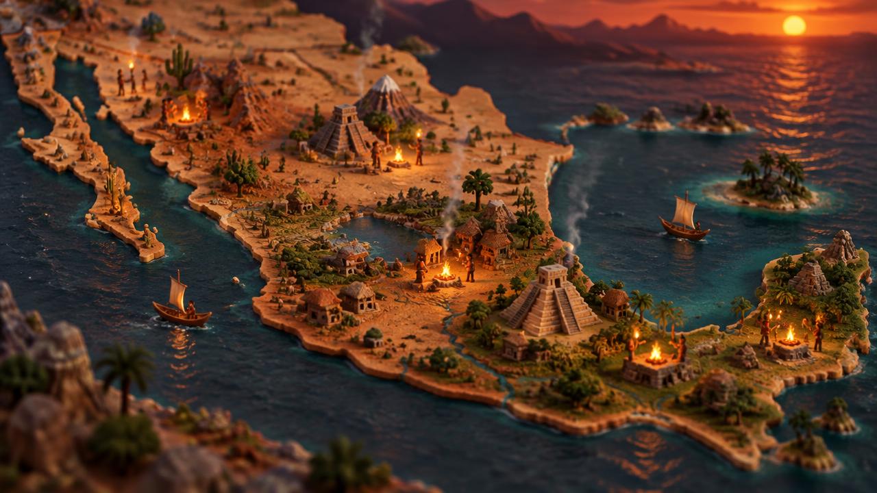Mapa en miniatura de México al atardecer con fogatas encendidas, el mundo de Xomec Tiny World